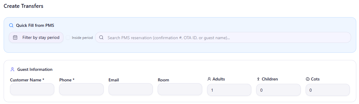 Quick Fill from PMS — search PMS reservations by confirmation #, OTA ID, or guest name
